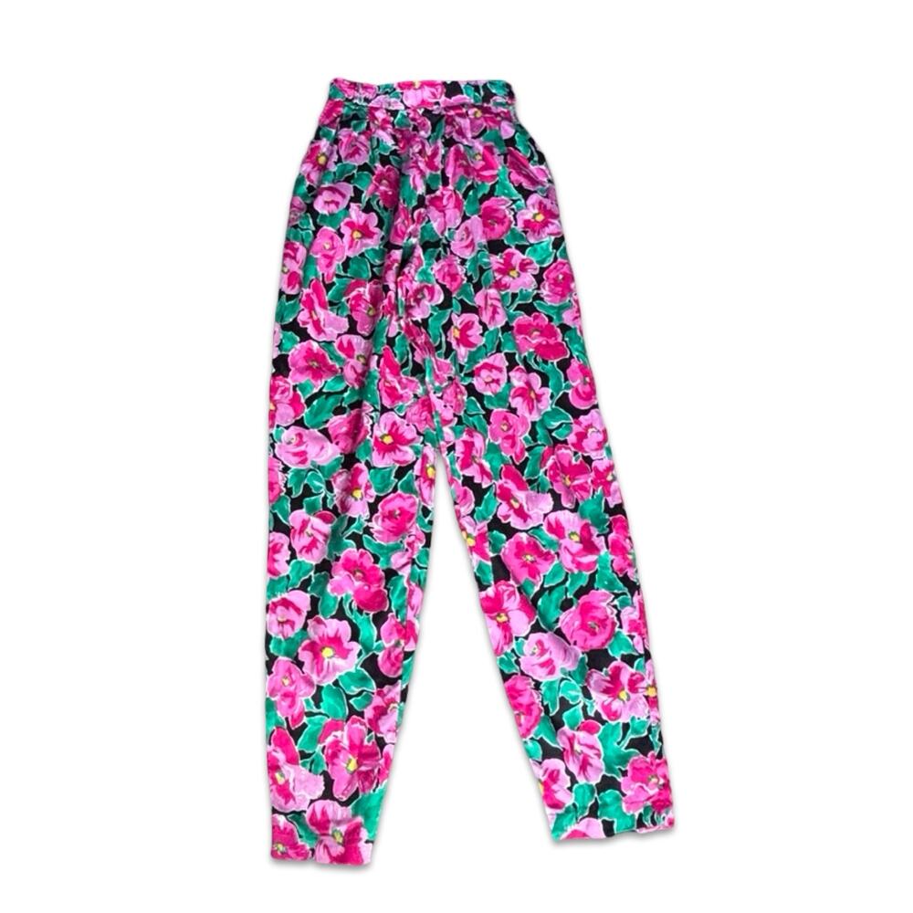 Vintage Pleated Dark Floral High Waist‎ Pleated Pants Pink Black Cotton Vacation